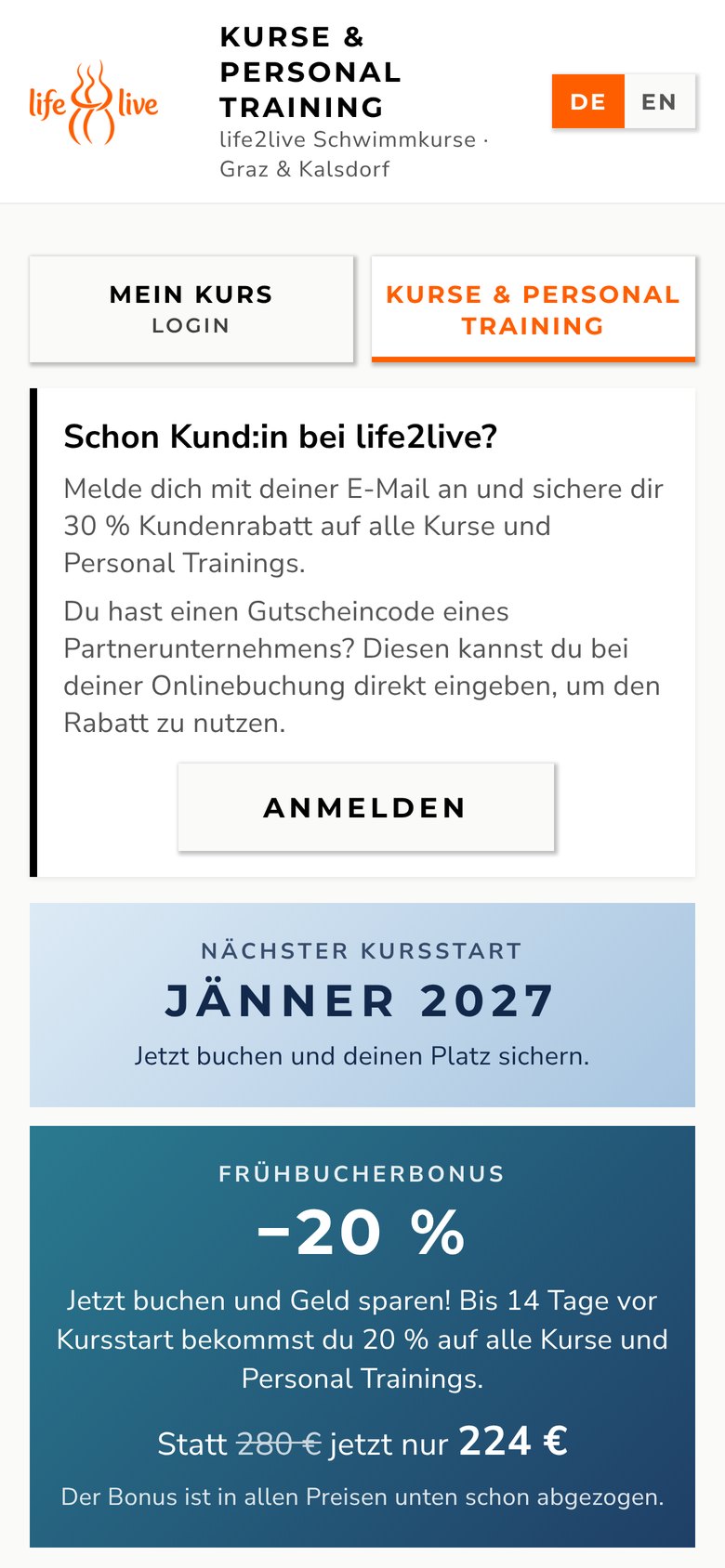 life2live Web-App – Startseite mit Kursstart Jänner 2027