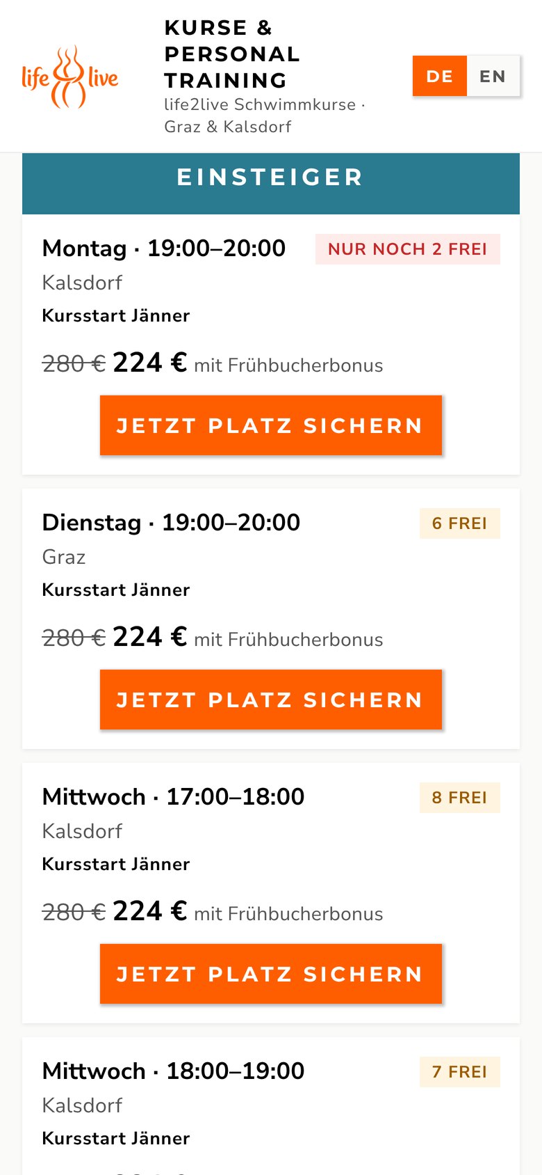 Freie Kursplätze nach Level