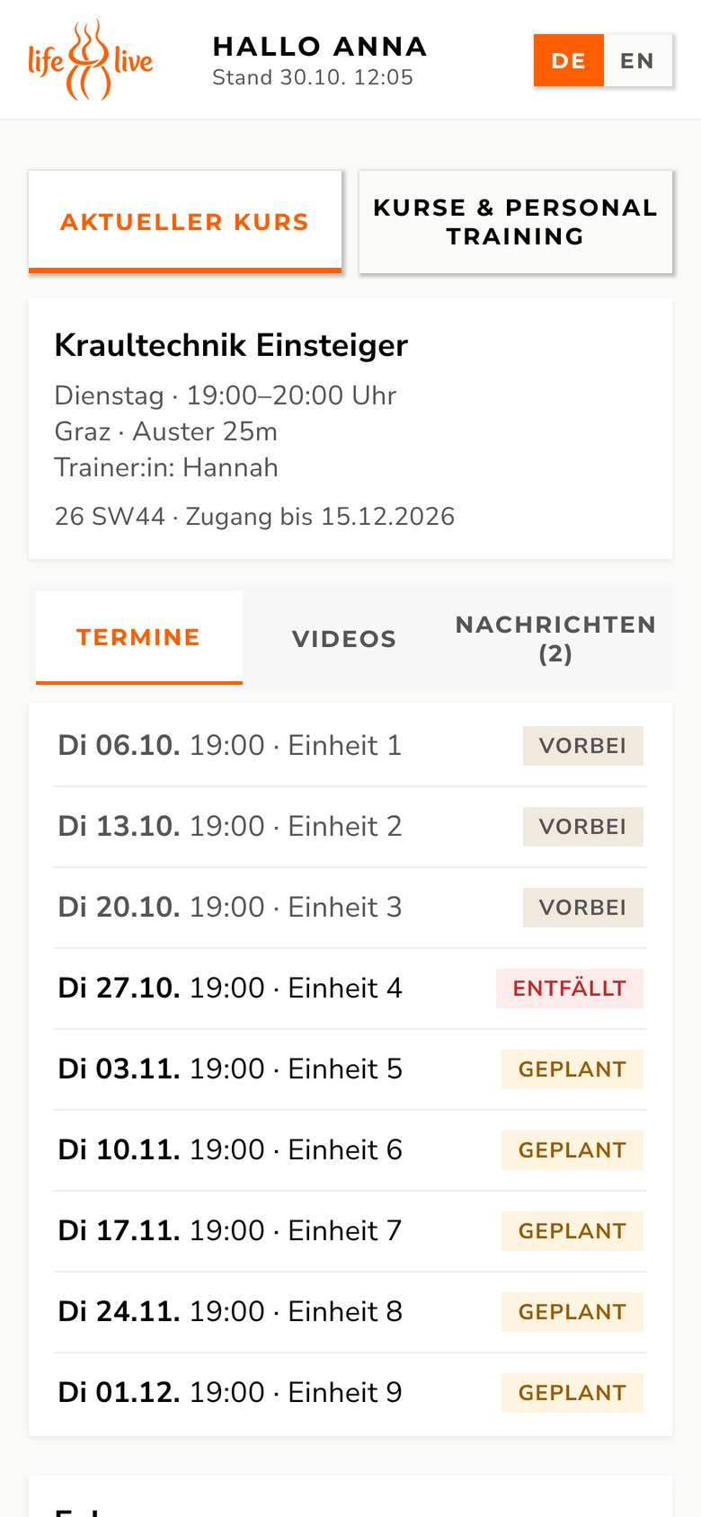 Kurstermine in der App